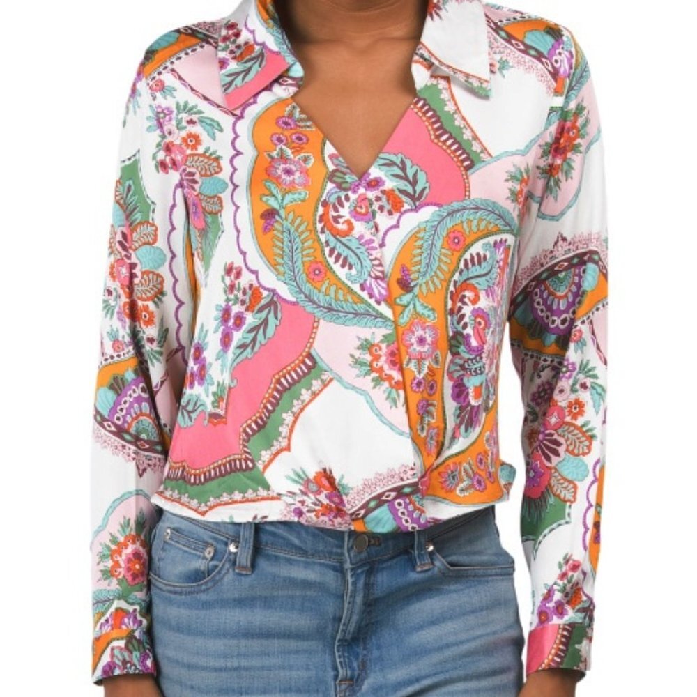 NWT RACHEL ZOE Floral Paisley Long Sleeve Collar Crossover Front Top